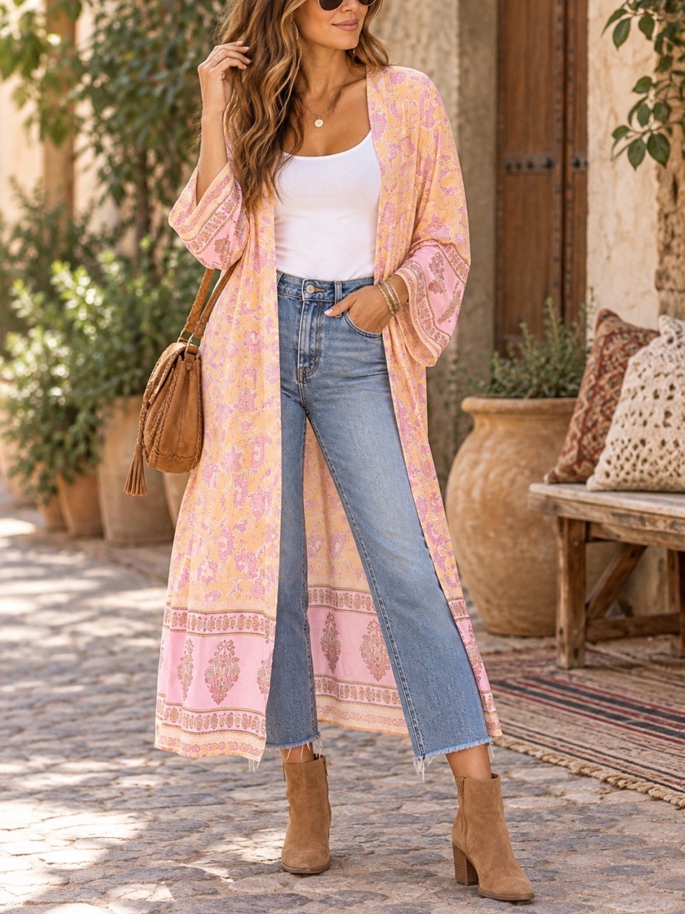 Pink and Yellow/Orange Boho Patterned Kimono
